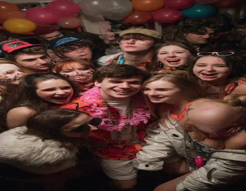 Grupo de pessoas sorrindo e se divertindo em uma festa, com balões coloridos ao fundo.