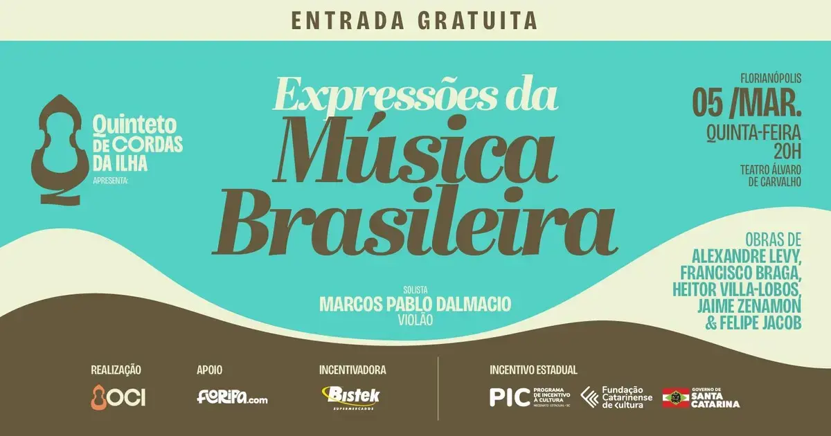 Cartaz do evento "Expressões da Música Brasileira", apresentando o Quinte de Cordas da Ilha. Informações sobre data, horário e entrada gratuita.