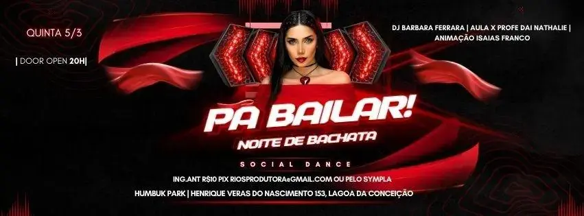 Evento "Pá Bailar! Noite de Bachata" com informações sobre data, local e contatos para inscrição.