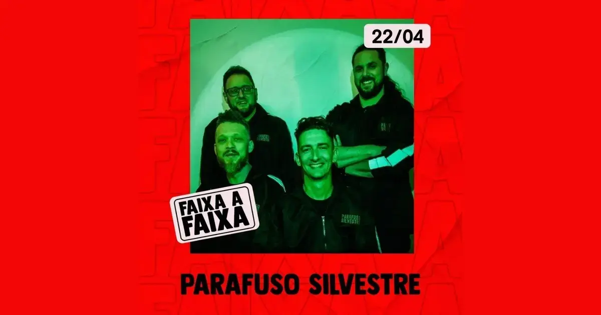 Quatro pessoas sorrindo em um fundo vermelho, com texto destacando "FAIXA A FAIXA" e a data "22/04".